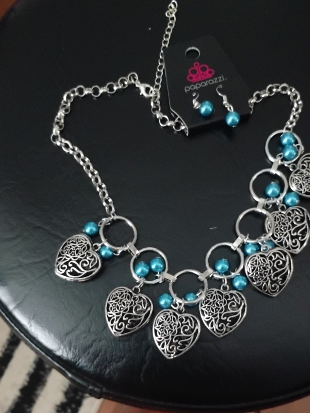 paparazzi Silver Filigree Heart Necklace with Teal Beads